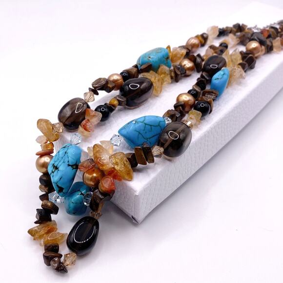 Gemstones Vintage Necklace Turquoise Smoky Quartz and Citrine Double Strand 17” - Picture 5 of 6